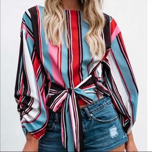 Zara Basic Striped Bell Sleeve Blouse Top With Tie Size S